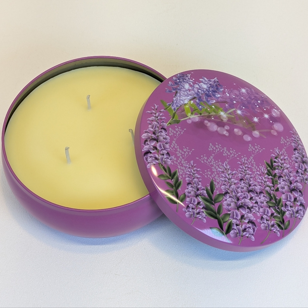 Citronella Soy Wax Candle Purple Floral Design Tin 12oz